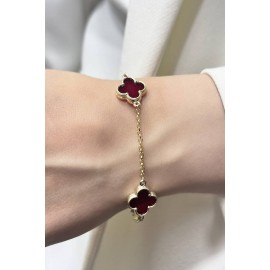 14 Ayar Altın Büyük Bordo Taşlı Yonca Bileklik