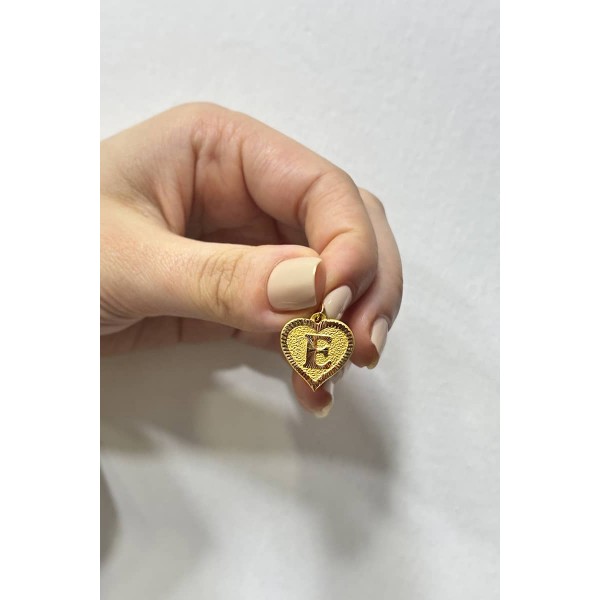 14 Ayar Altın Nostajık Kalp Şeklinde E Harf Plaka Kolye Ucu ( Tüm Harfler Mevcuttur)