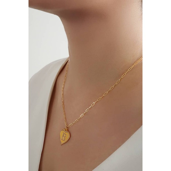 14 Ayar Altın Kalpli Nostaljik B Harf Ataç Zincir Kolye