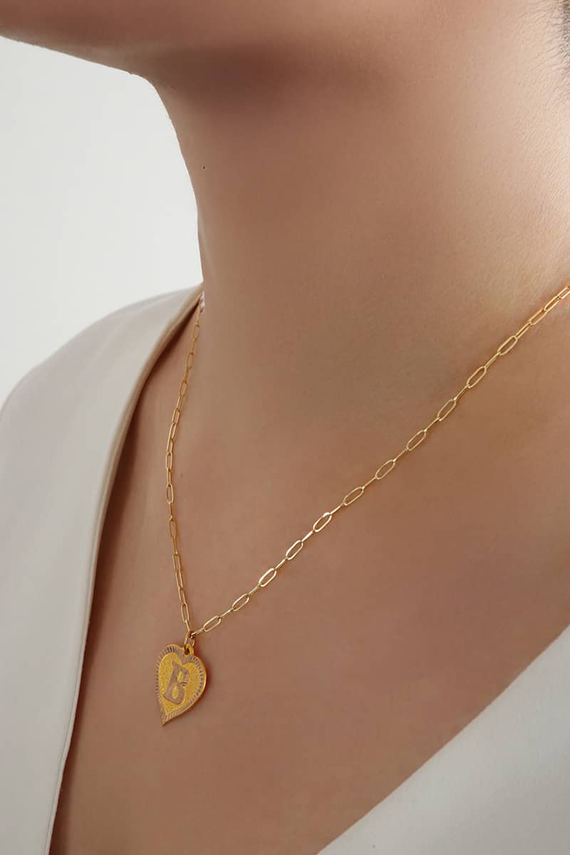 14 Ayar Altın Kalpli Nostaljik B Harf Ataç Zincir Kolye