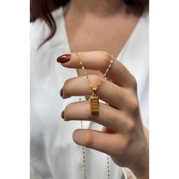 14 Ayar Altın Kalın Aynalı Zincir Mini Külçe Kolye