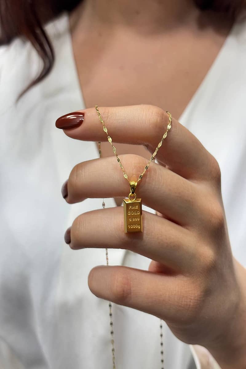 14 Ayar Altın Kalın Aynalı Zincir Mini Külçe Kolye