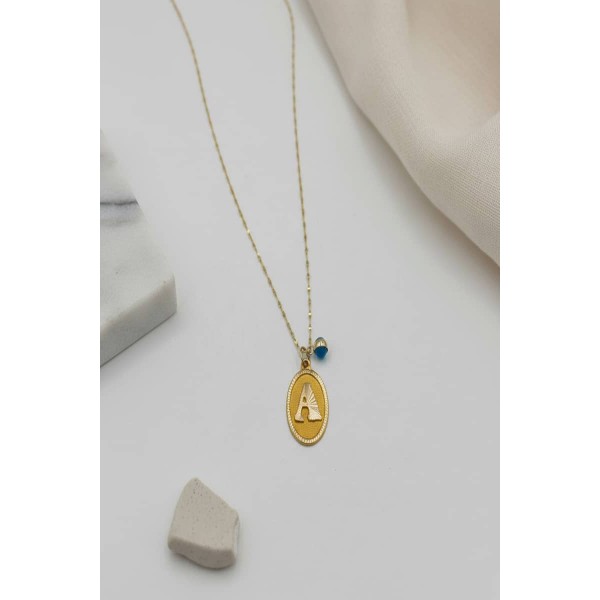  14 Ayar Altın A Harf Nostaji Oval Nazarlı Plaka Kolye ( TÜM HARFLER YAZILIR )