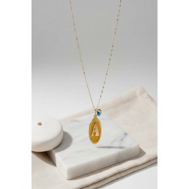  14 Ayar Altın A Harf Nostaji Oval Nazarlı Plaka Kolye ( TÜM HARFLER YAZILIR )