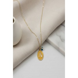  14 Ayar Altın A Harf Nostaji Oval Nazarlı Plaka Kolye ( TÜM HARFLER YAZILIR )