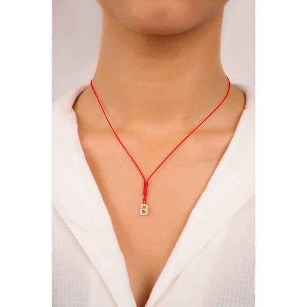 B Harfli Taşlı Kırmızı İpli Altın Kolye TD65