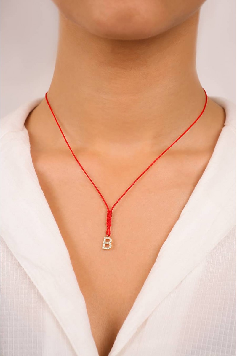 B Harfli Taşlı Kırmızı İpli Altın Kolye TD65