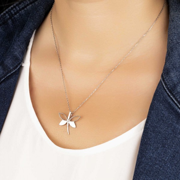 0,02 Karat Pırlantalı Gümüş Yusufçuk Kolye TD45