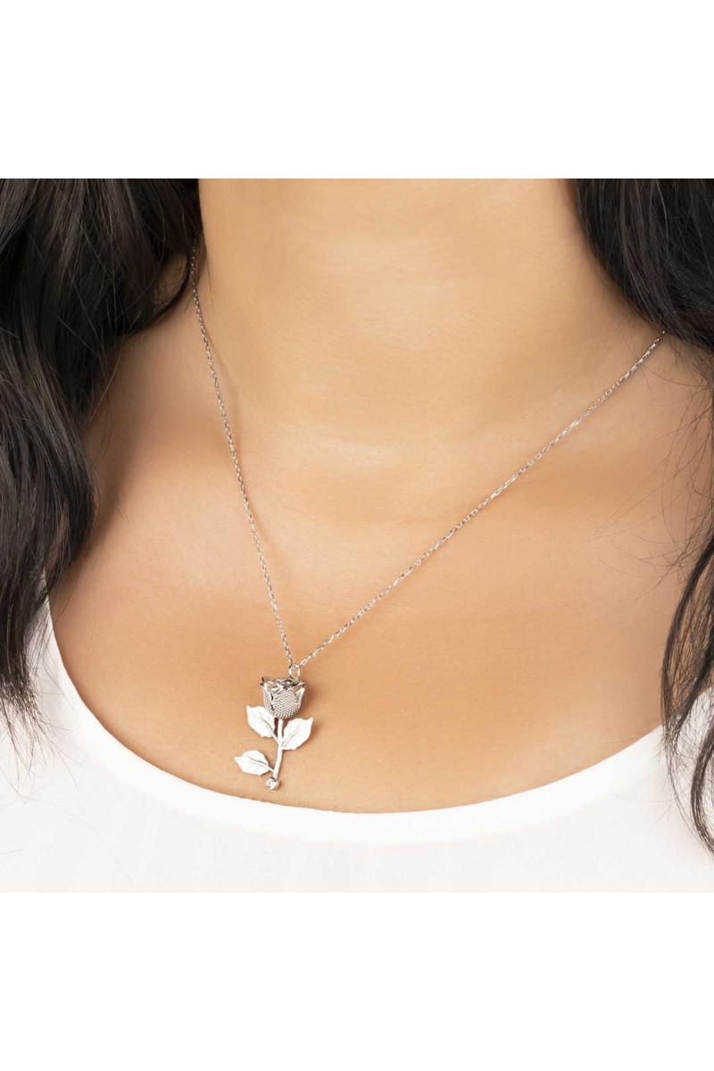 0,02 Karat Pırlantalı Gümüş Gül Kolye TD55