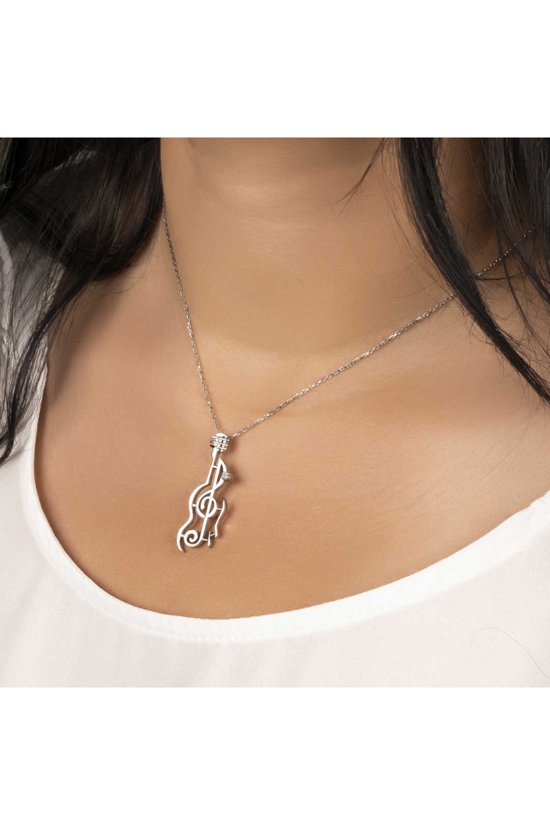 0,02 Karat Pırlantalı Gümüş Sol Anahtar Keman Kolye TD50