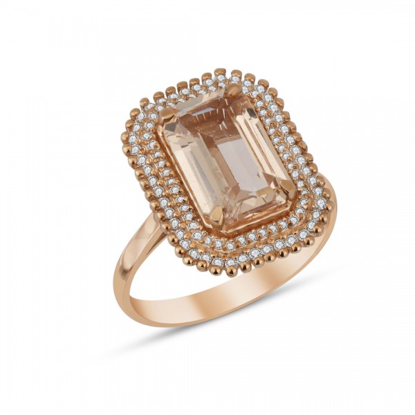 0,37 Karat Pırlanta Dikdörtgen Morganitli Taşlı Yüzük TD690